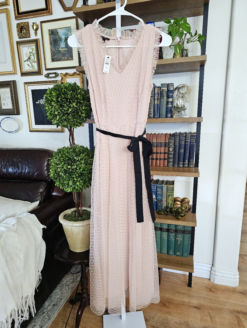 Talbots Sleeveless Blush Pink Lace Midi Dress with Black Belt